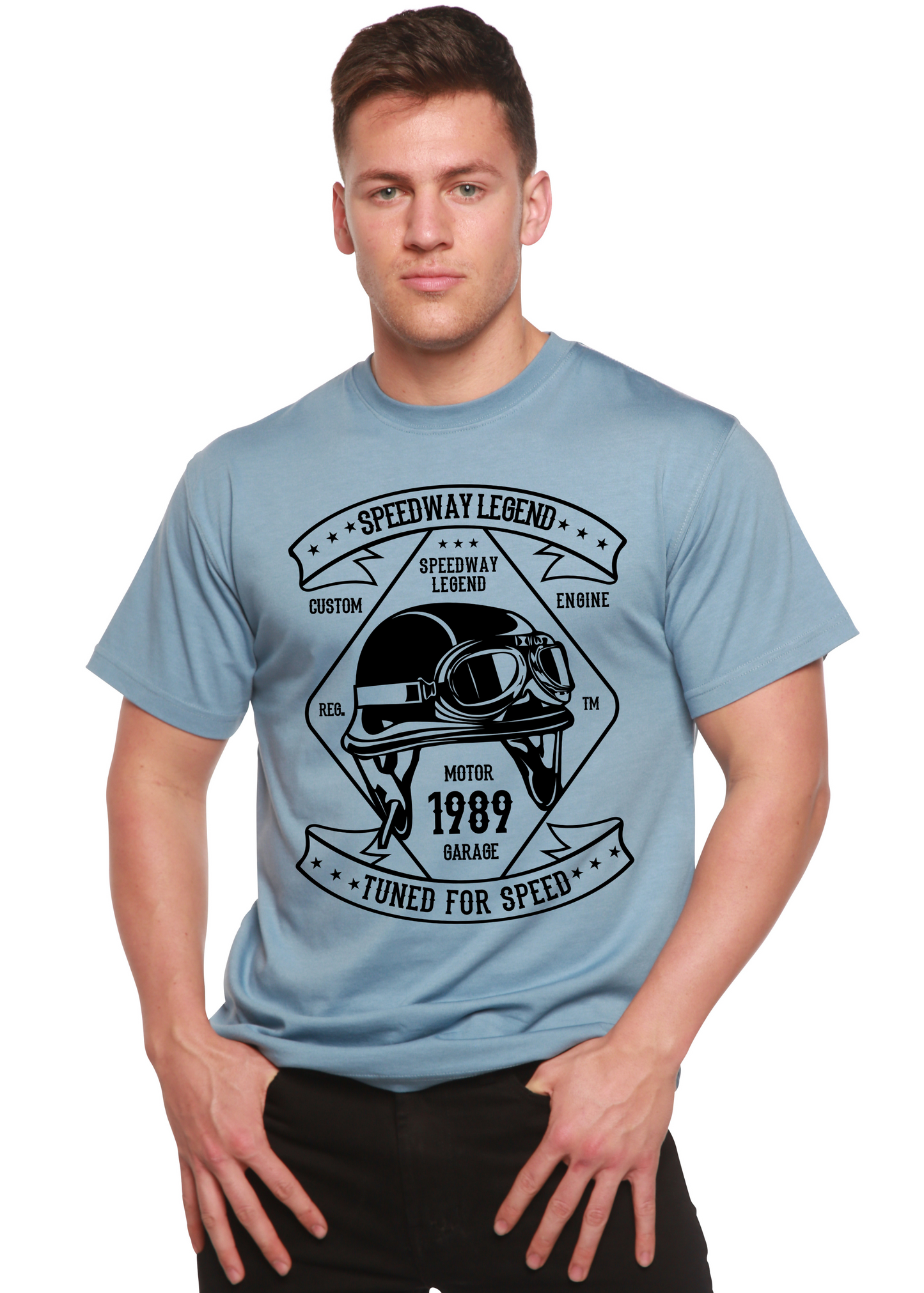 Speedway Legend Spun Bamboo men's short sleeve graphic tee in light blue with black helmet design on Tampa Home & Garden Store