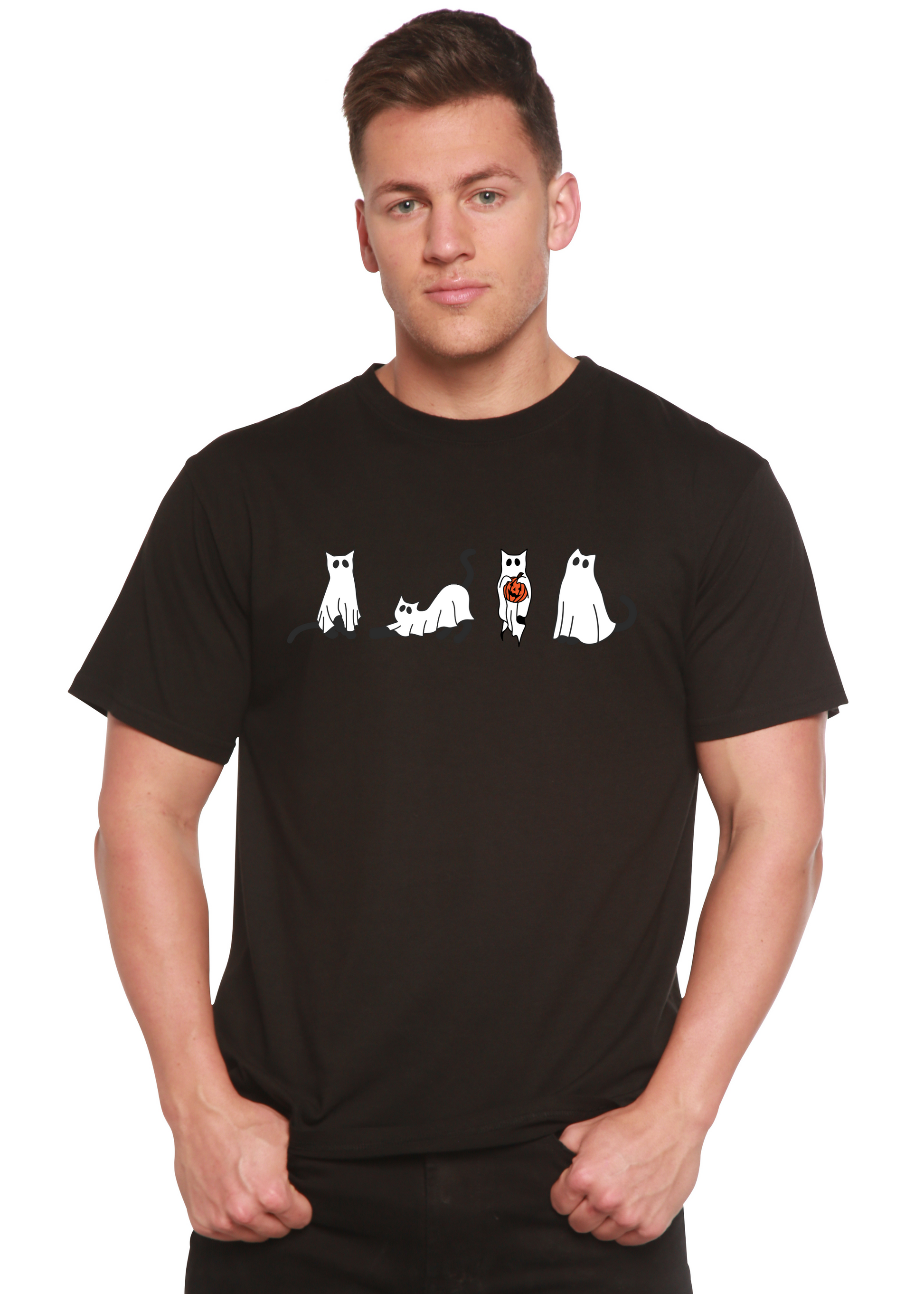 Halloween Cats men's bamboo viscose organic cotton T-shirt black with white cats Spun Bamboo on Tampa Home & Garden Store