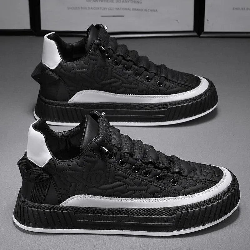 Stevvex men's sneakers, black quilted upper with white heel, sole, lace-up running style on Tampa Home & Garden Store
