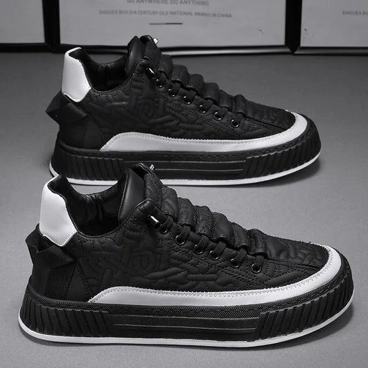 Stevvex men's sneakers, black quilted upper with white heel, sole, lace-up running style on Tampa Home & Garden Store