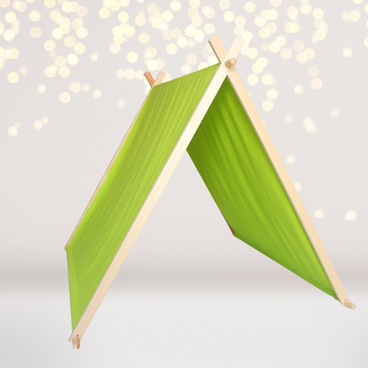 Kids A-Frame Sleepover Tent frame in lime green fabric with natural wood poles on Tampa Home & Garden Store