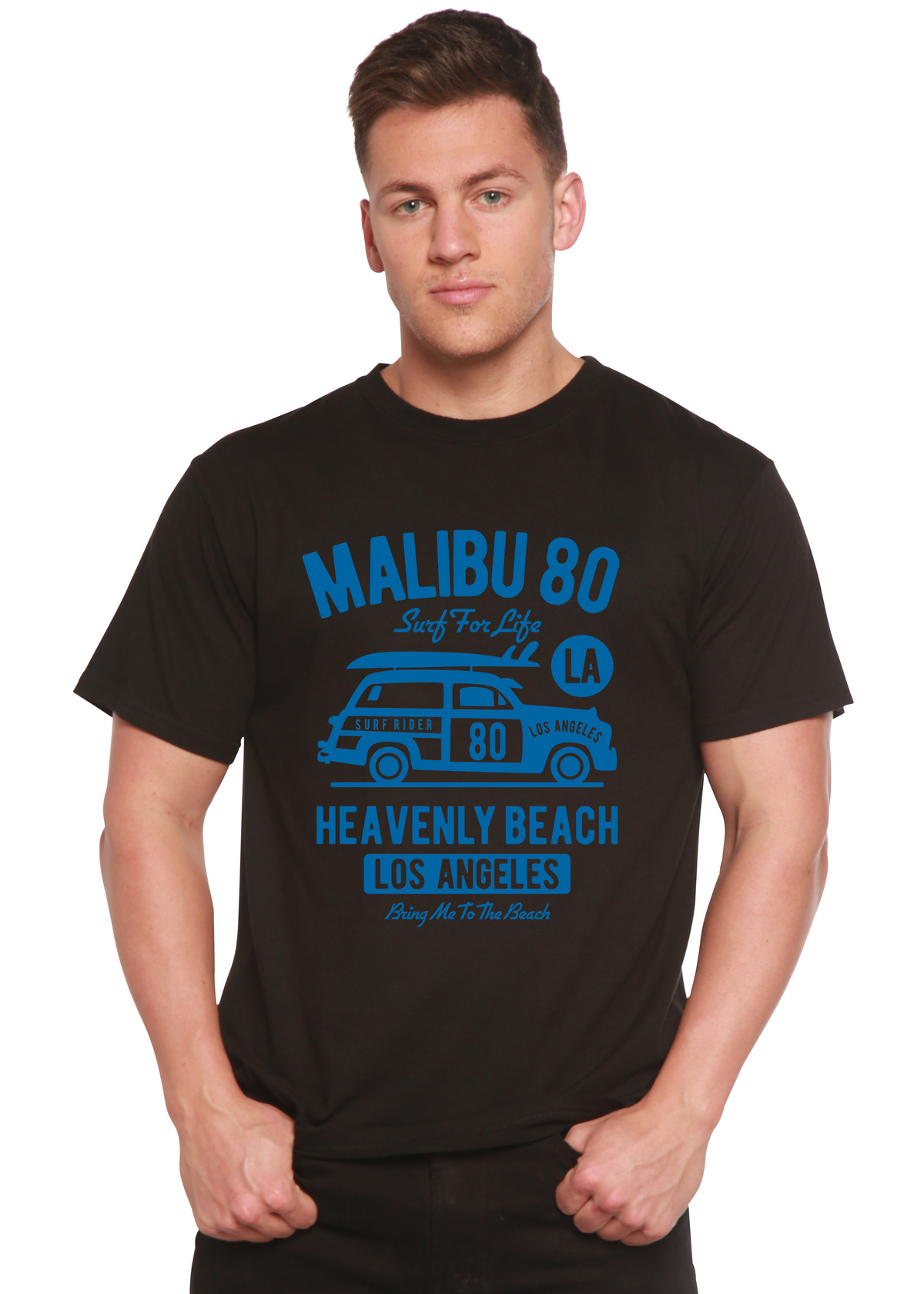 Malibu 80 men's bamboo viscose cotton graphic T-shirt black with blue van print Spun Bamboo on Tampa Home & Garden Store