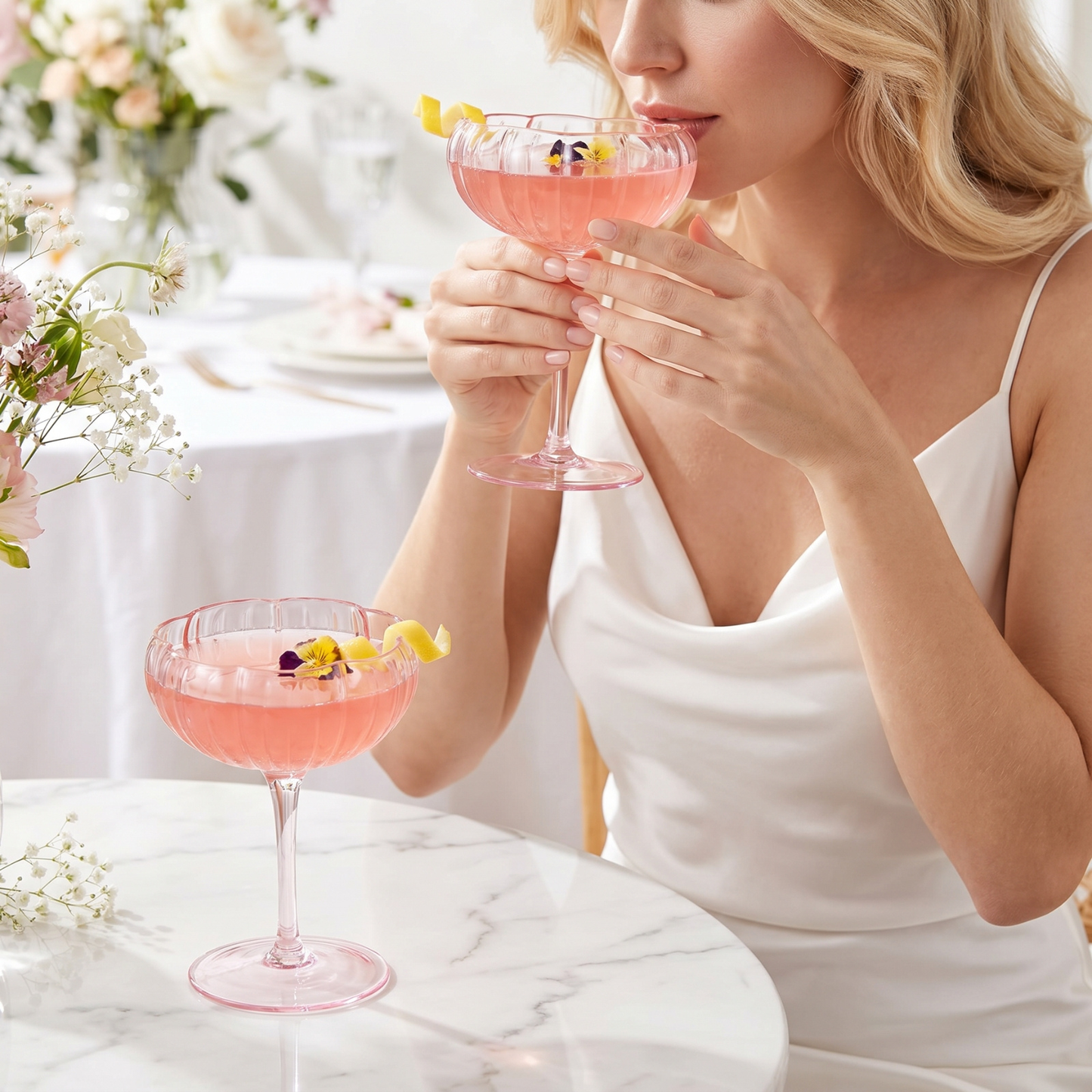 Blush Pink Floral Coupe and Cocktail Glasses
