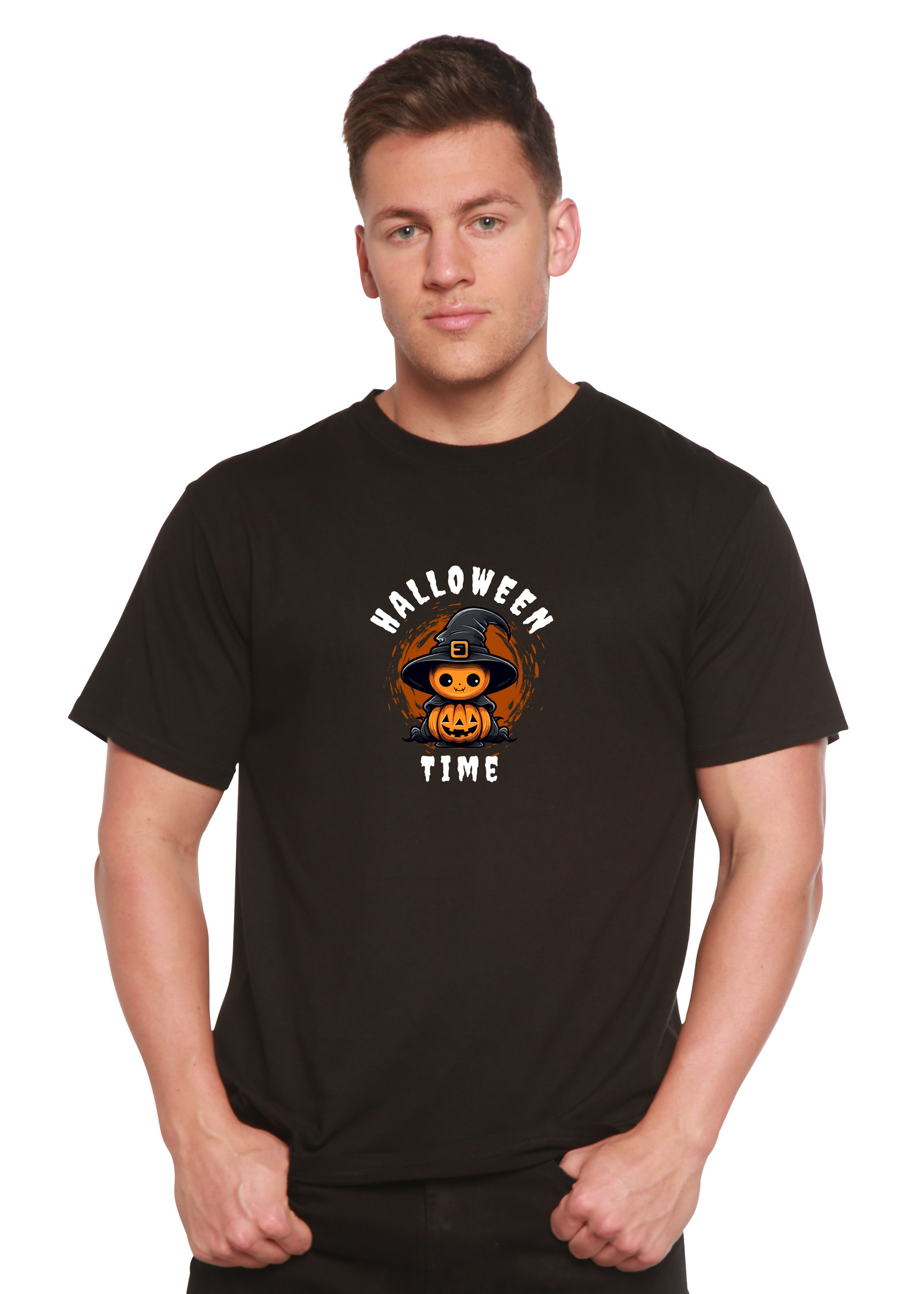 Halloween Time unisex bamboo viscose/organic cotton short sleeve graphic T-shirt with pumpkin design on Tampa Home & Garden Store