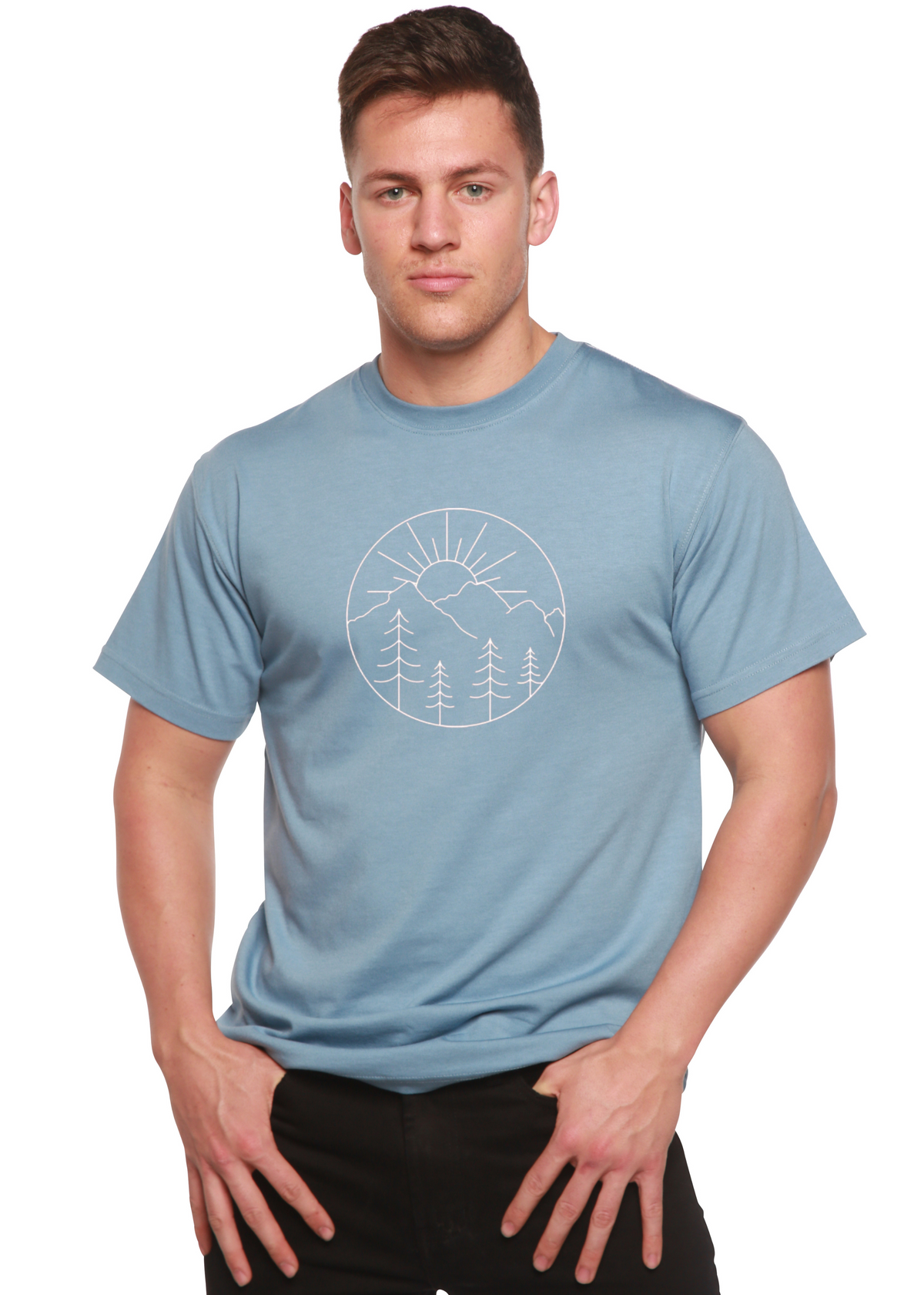Nature Lover Hike men's bamboo tee light blue with mountain sun graphic Spun Bamboo on Tampa Home & Garden Store