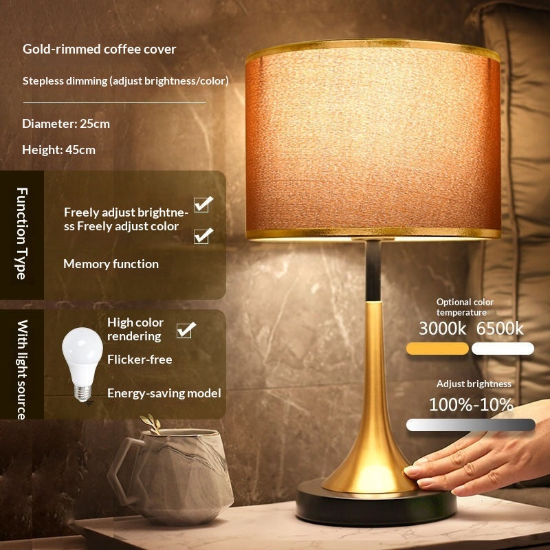 Stevvex LED table lamp with gold metal base and brown cloth shade touch dimming decor on Tampa Home & Garden Store