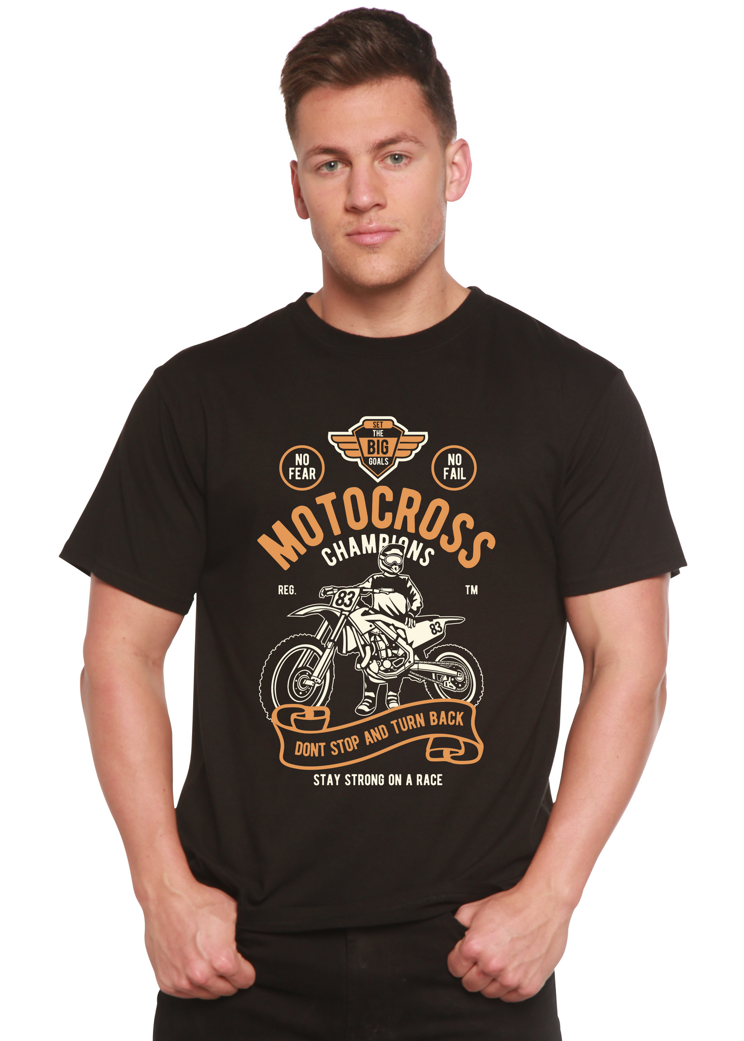 Motocross Champions men's black graphic tee with orange rider print Spun Bamboo short sleeve on Tampa Home & Garden Store