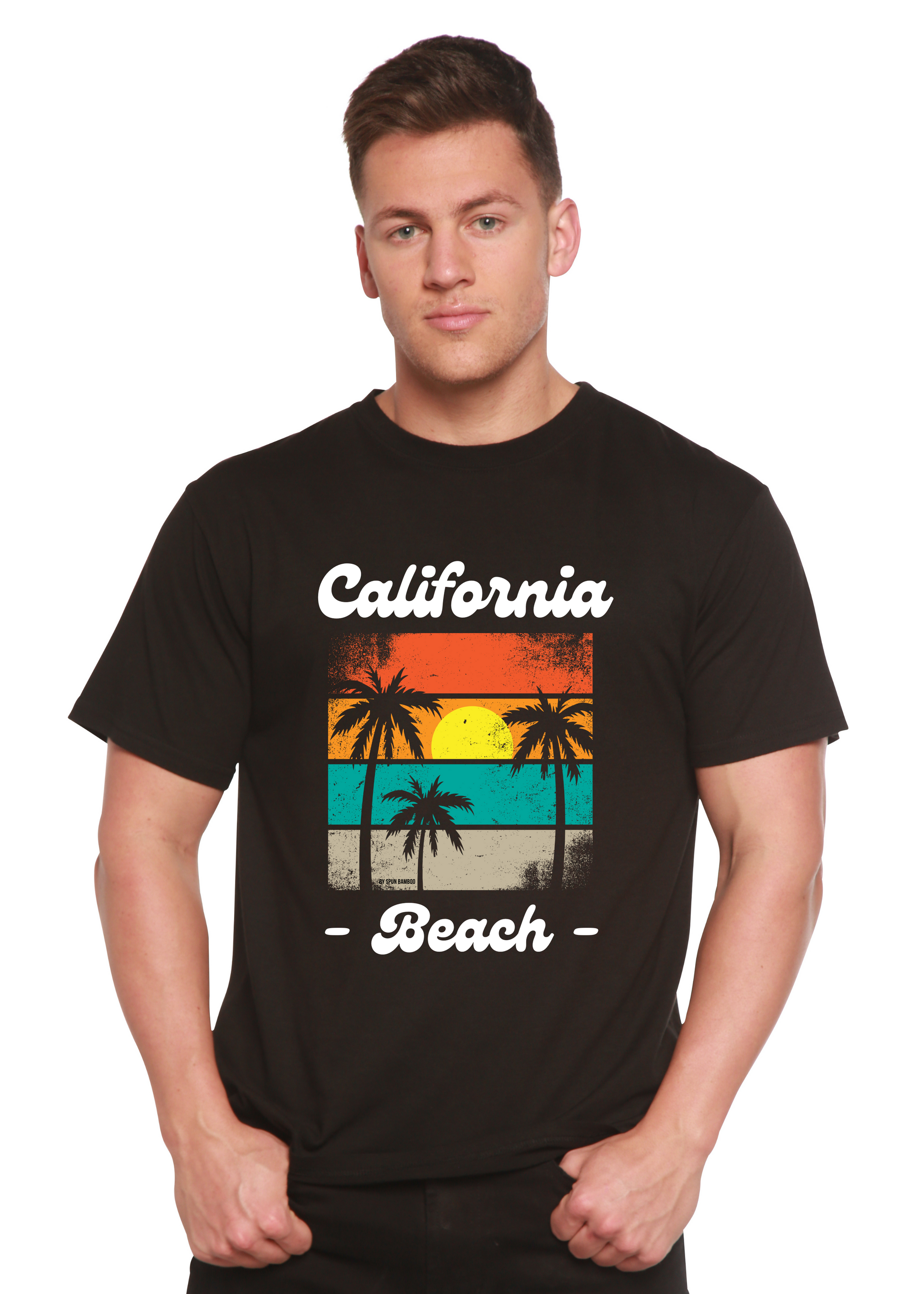 California Beach black bamboo viscose cotton T-shirt with sunset palm print by Spun Bamboo on Tampa Home & Garden Store