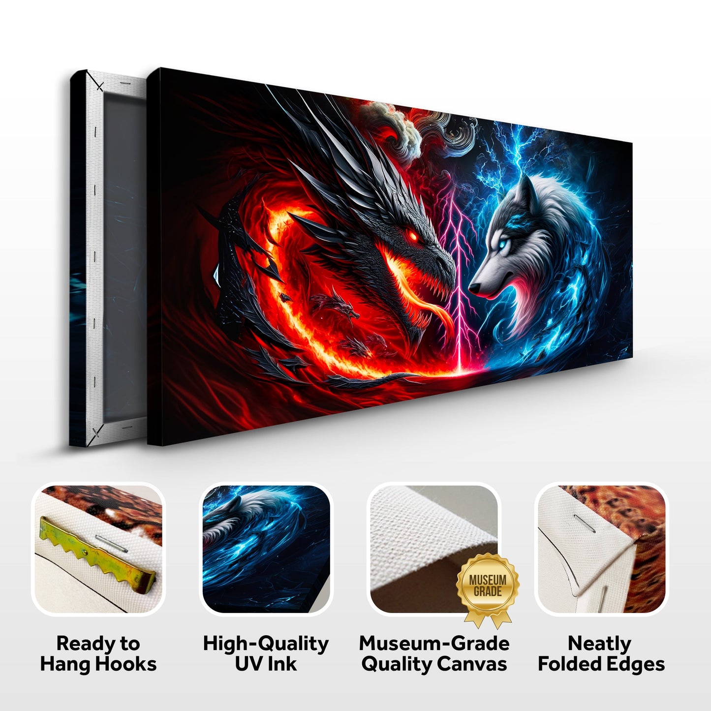 3D Dragon and Wolf Wall Art VI Canvas by Tailored Canvases, fiery red dragon vs icy blue wolf on Tampa Home & Garden Store