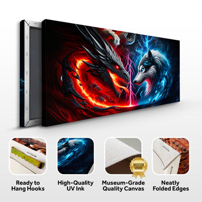 3D Dragon and Wolf Wall Art VI Canvas by Tailored Canvases, fiery red dragon vs icy blue wolf on Tampa Home & Garden Store