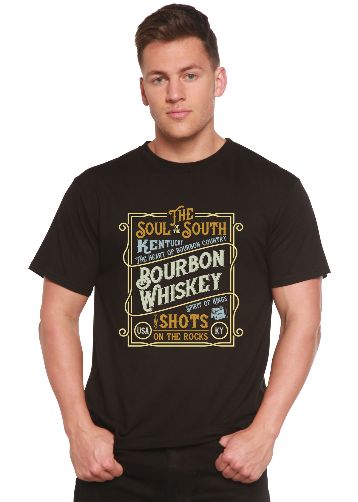 bourbon whiskey graphic men's T-shirt by Spun Bamboo black bamboo viscose/organic cotton on Tampa Home & Garden Store