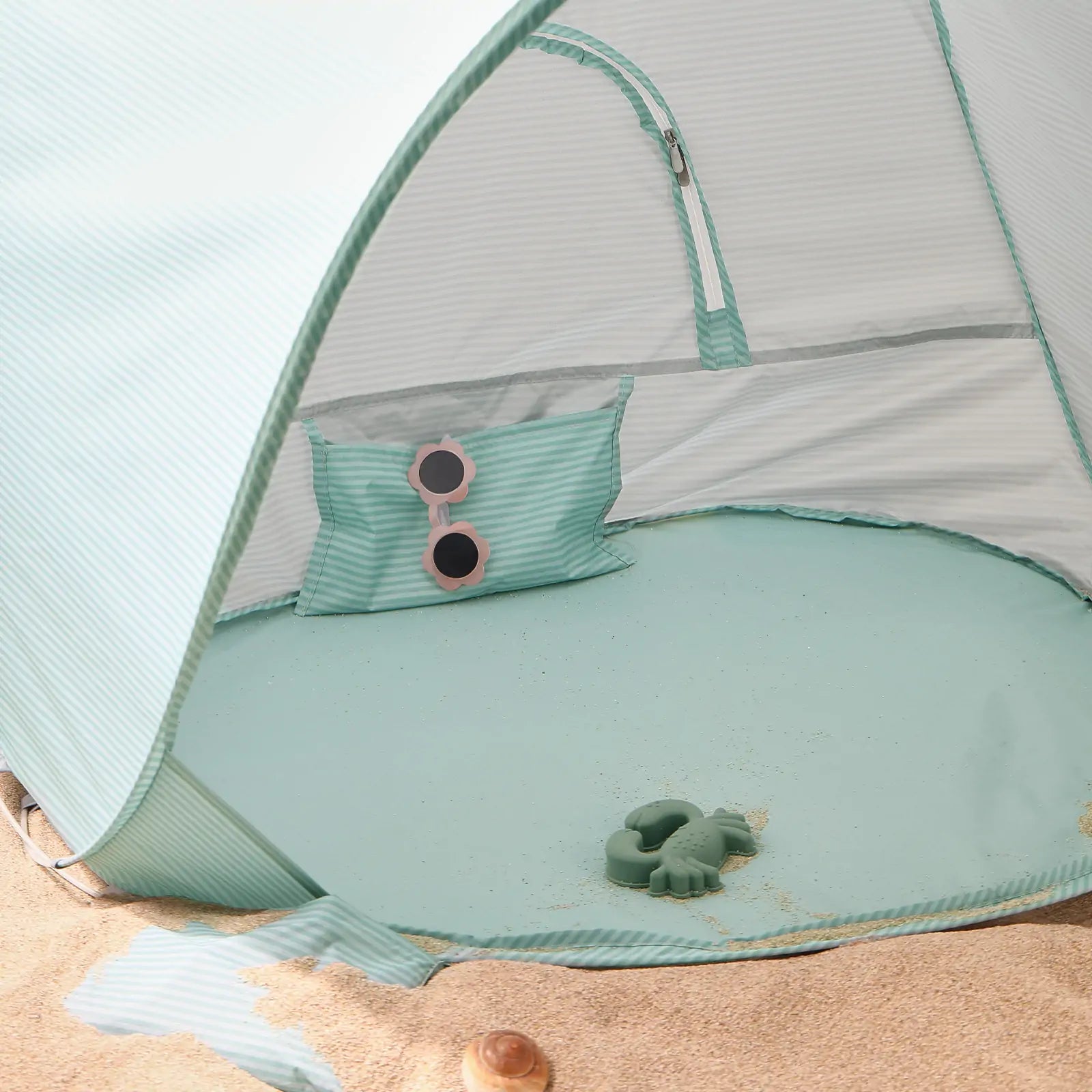 Tiny Land One-Stop Beach Toy & Tent Set pop-up tent with turquoise fabric and zipper pocket on Tampa Home & Garden Store