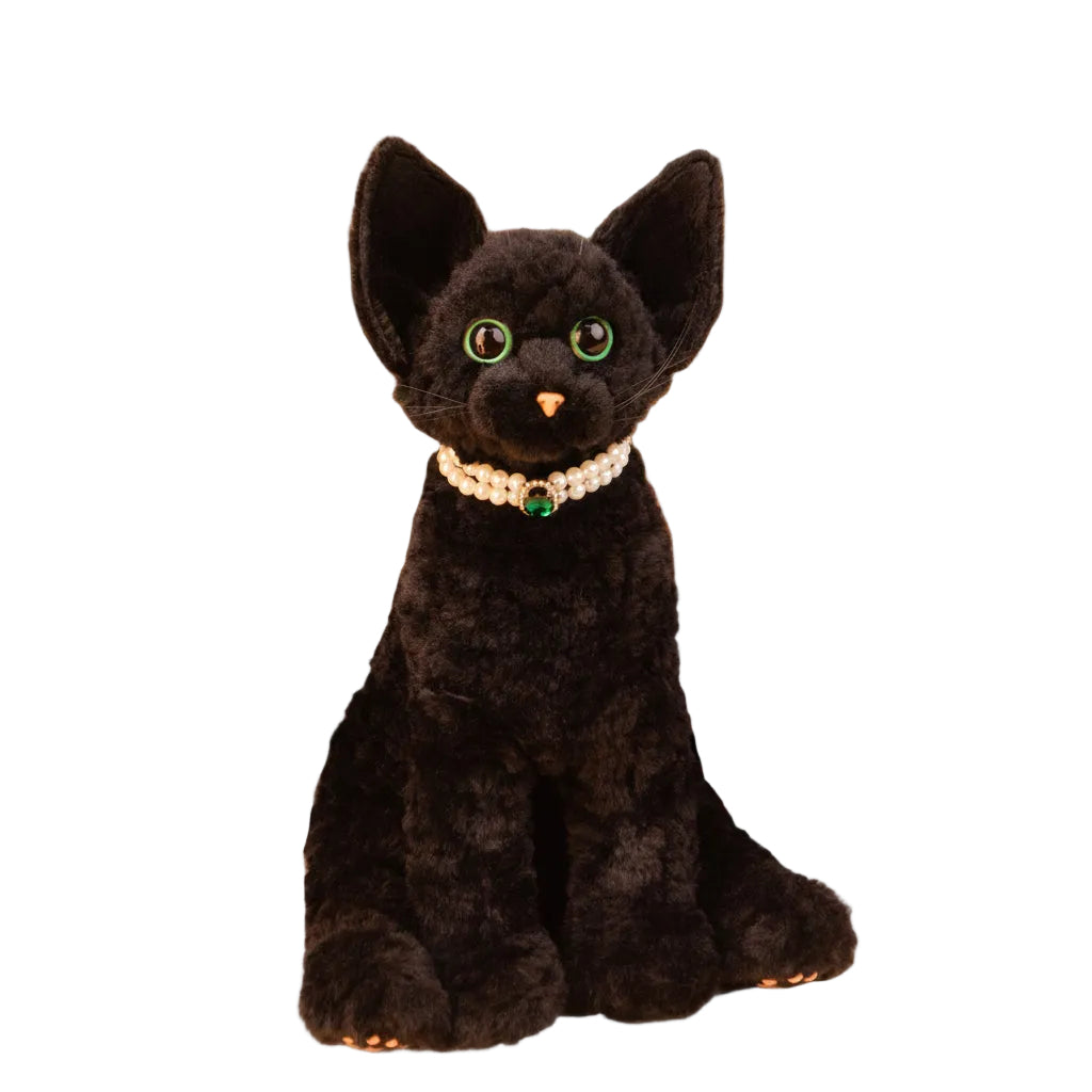 Devon Rex Cat Plush by Chongker, black plush with large ears, green eyes, pearl necklace on Tampa Home & Garden Store
