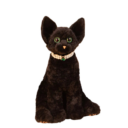 Devon Rex Cat Plush by Chongker, black plush with large ears, green eyes, pearl necklace on Tampa Home & Garden Store