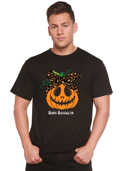 Men's black bamboo blend graphic T-shirt with pumpkin leopard-print bow and green vines on Tampa Home & Garden Store