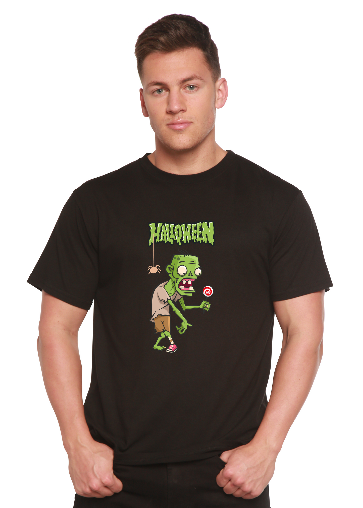 Unisex black bamboo T-shirt with a Halloween green monster graphic and drippy HALLOWEEN text on Tampa Home & Garden Store