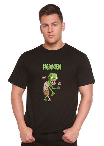 Unisex black bamboo T-shirt with a Halloween green monster graphic and drippy HALLOWEEN text on Tampa Home & Garden Store