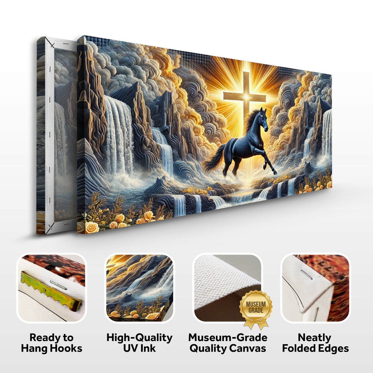 3D Horse Faith Wall Art III crafting canvas by Tailored Canvases, three-panel blue and gold scene on Tampa Home & Garden Store