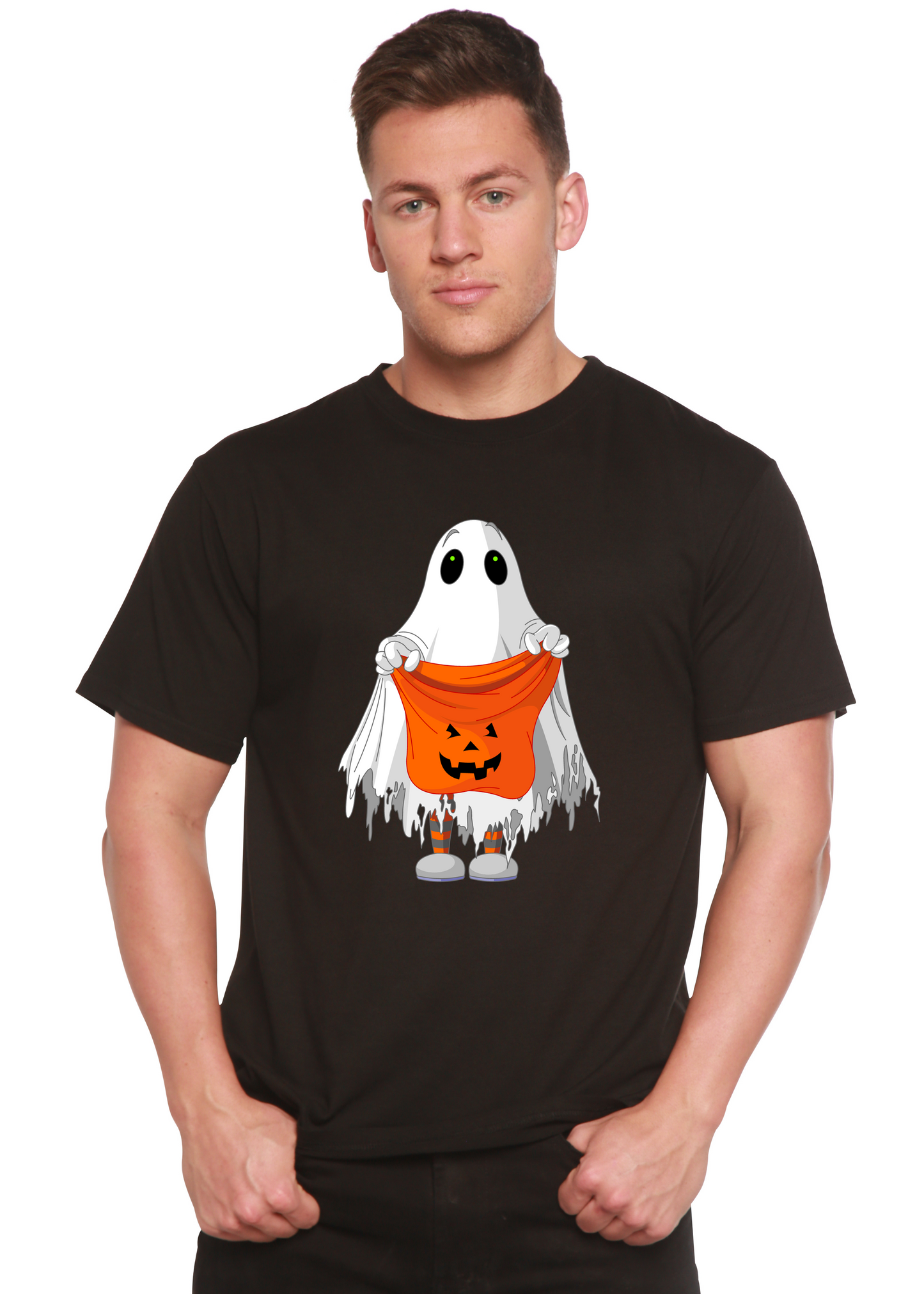 Boo Halloween men's bamboo tee Spun Bamboo ghost with orange pumpkin on Tampa Home & Garden Store