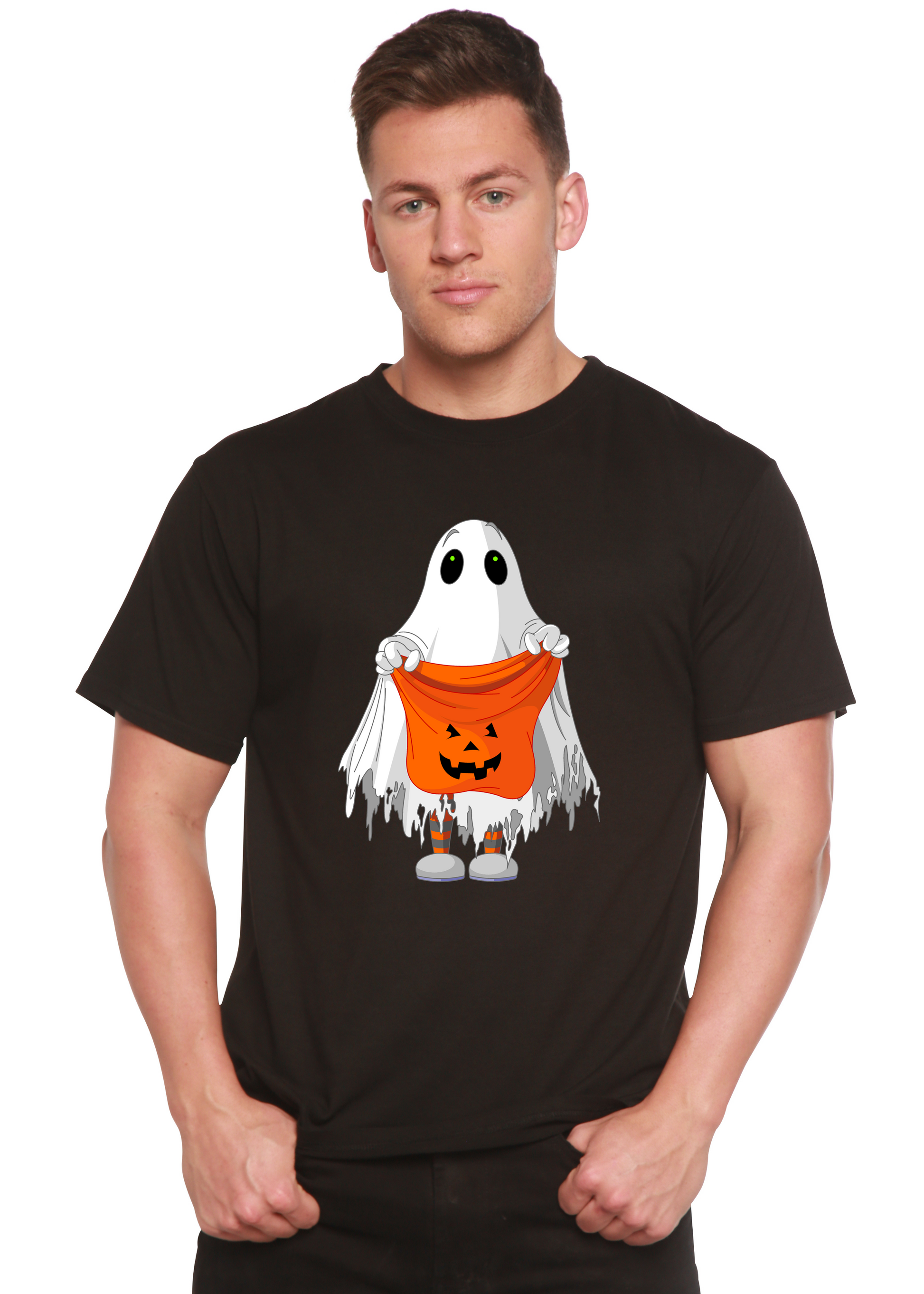 Boo Halloween men's bamboo tee Spun Bamboo ghost with orange pumpkin on Tampa Home & Garden Store