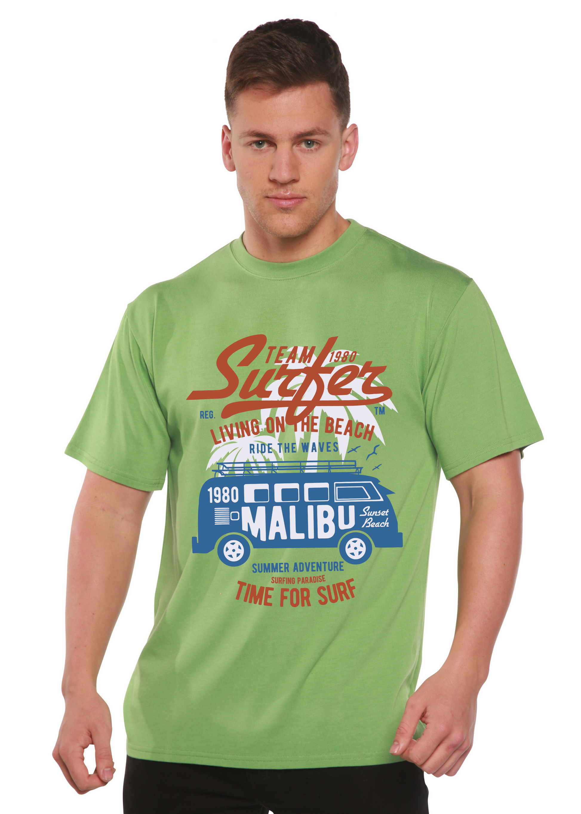 Men's lime green Team Surfer graphic T-shirt in bamboo viscose/organic cotton, short sleeve on Tampa Home & Garden Store