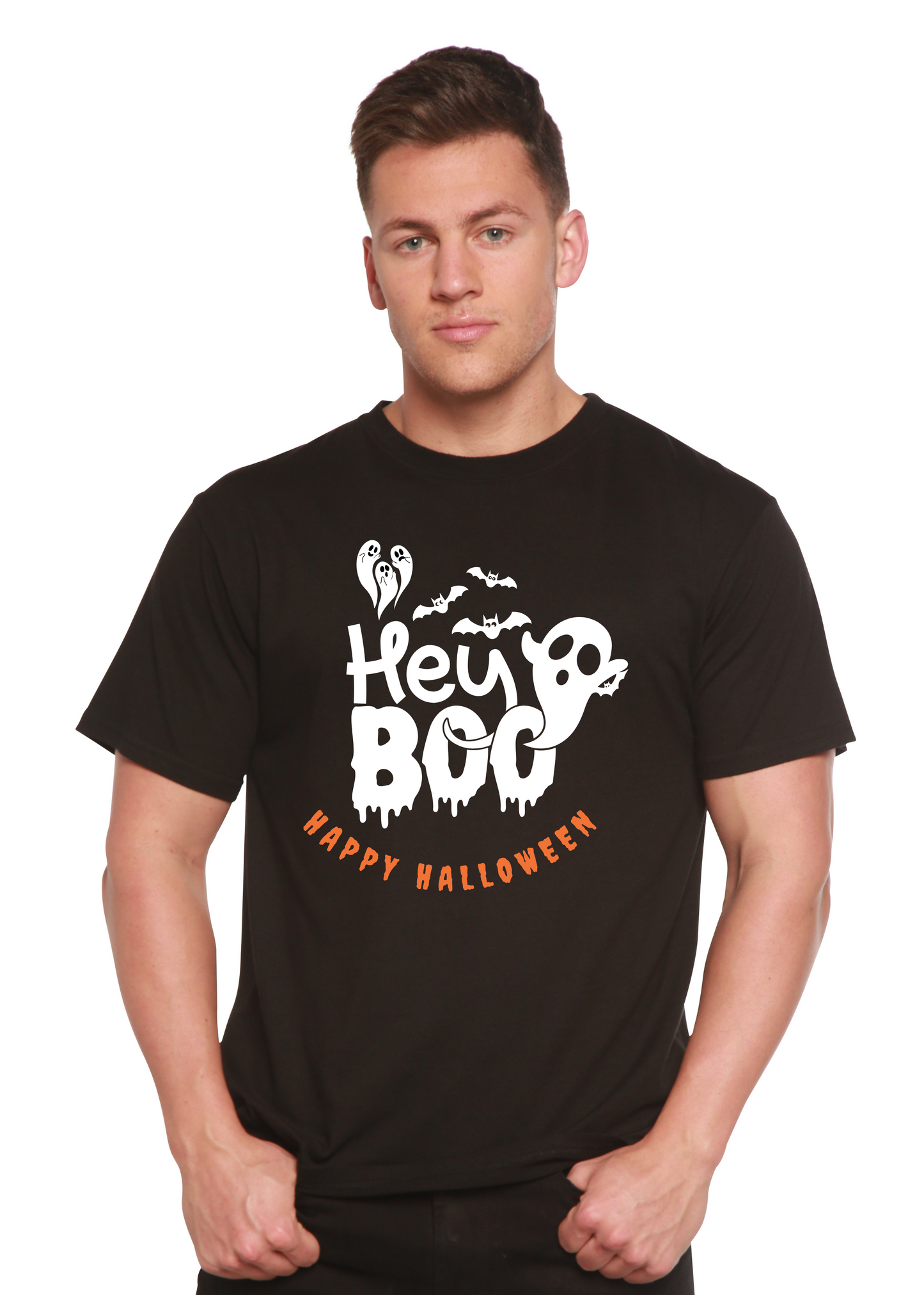 Hey Boo men's black Spun Bamboo bamboo viscose organic cotton graphic tee with Halloween ghosts on Tampa Home & Garden Store