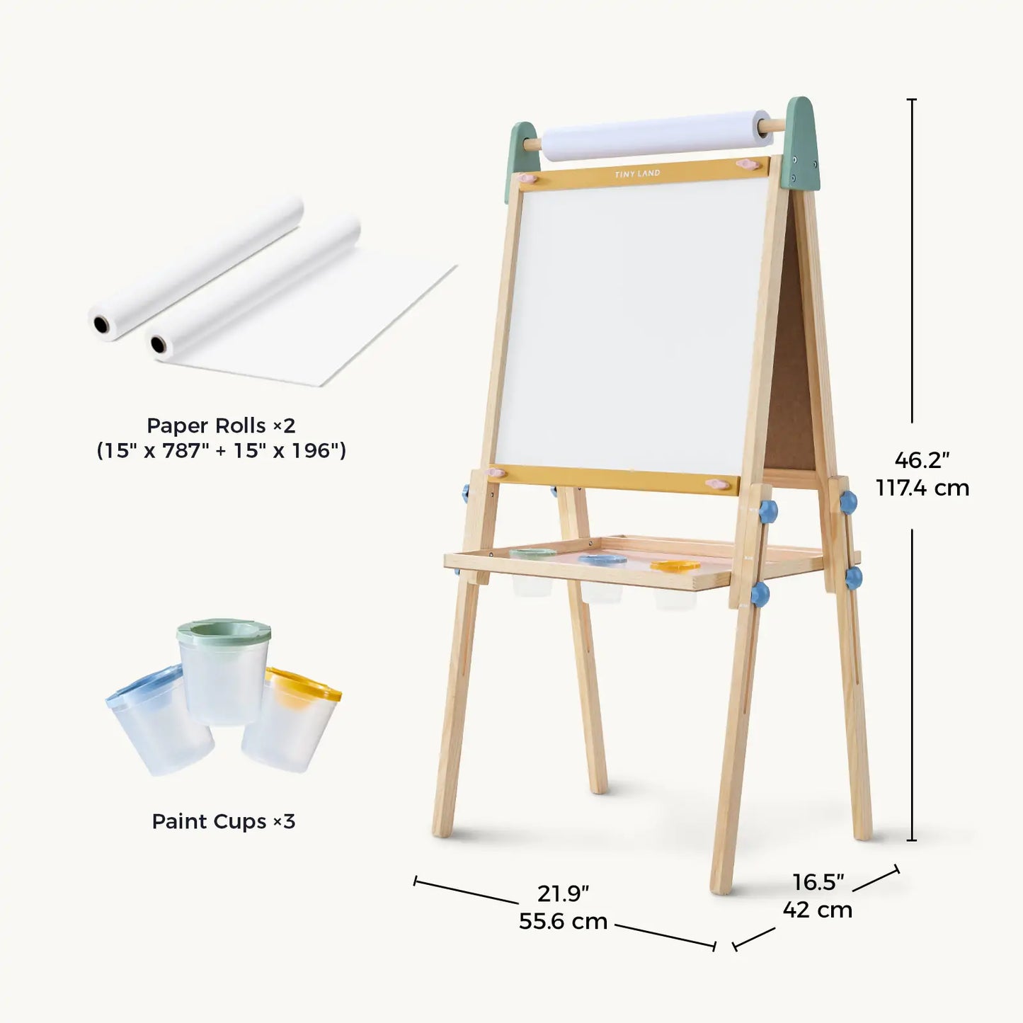 Tiny Land 3-in-1 Kids Easel wooden A-frame with white drawing surface, paper rolls and paint cups on Tampa Home & Garden Store