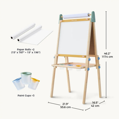 Tiny Land 3-in-1 Kids Easel wooden A-frame with white drawing surface, paper rolls and paint cups on Tampa Home & Garden Store