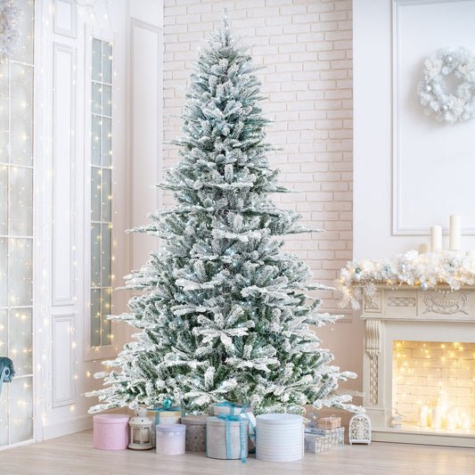 8 Feet Snow Flocked Artificial Christmas Tree with Cool White LED Lights