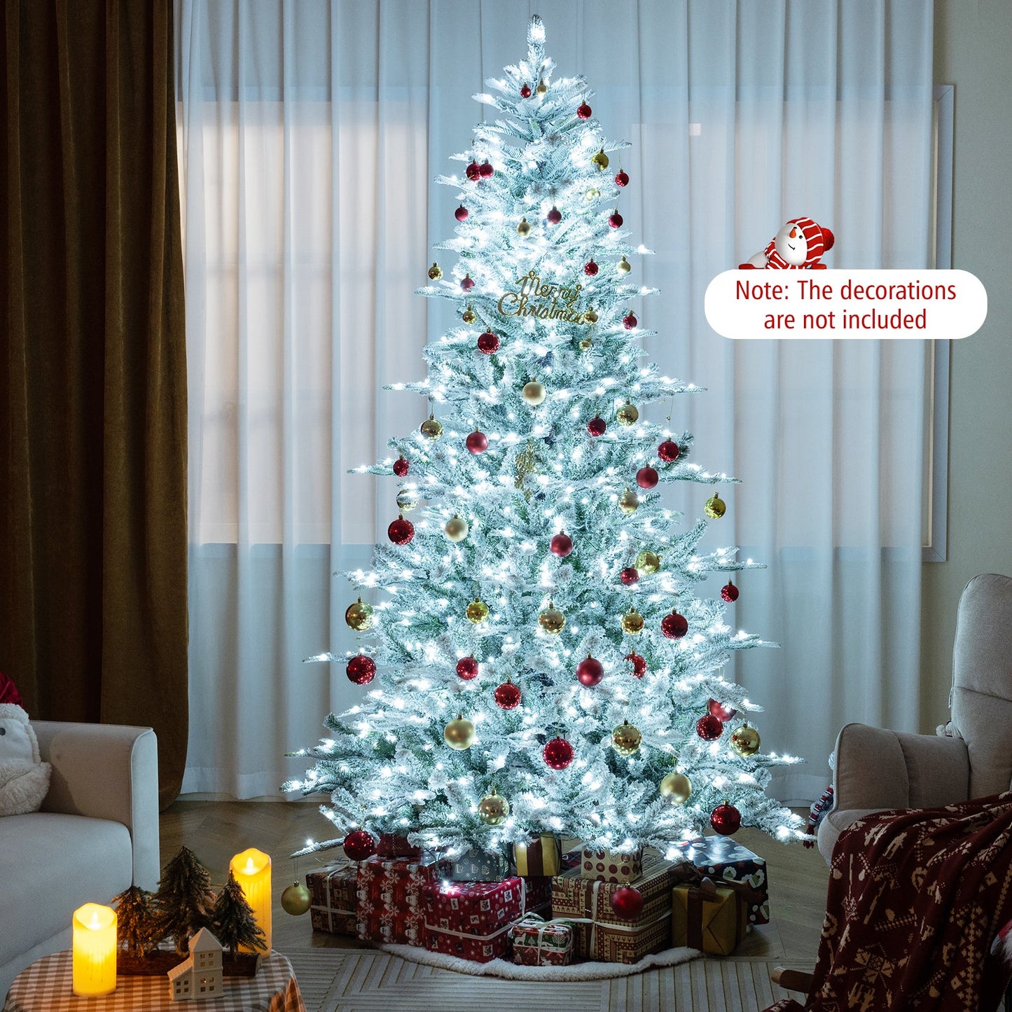Árbol de Navidad artificial de 8 pies con nieve flocada y luces LED blancas frías
