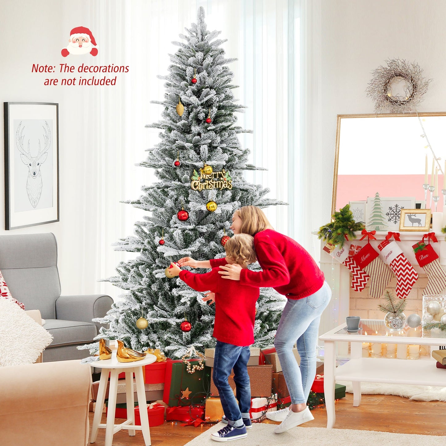 Árbol de Navidad artificial de 8 pies con nieve flocada y luces LED blancas frías
