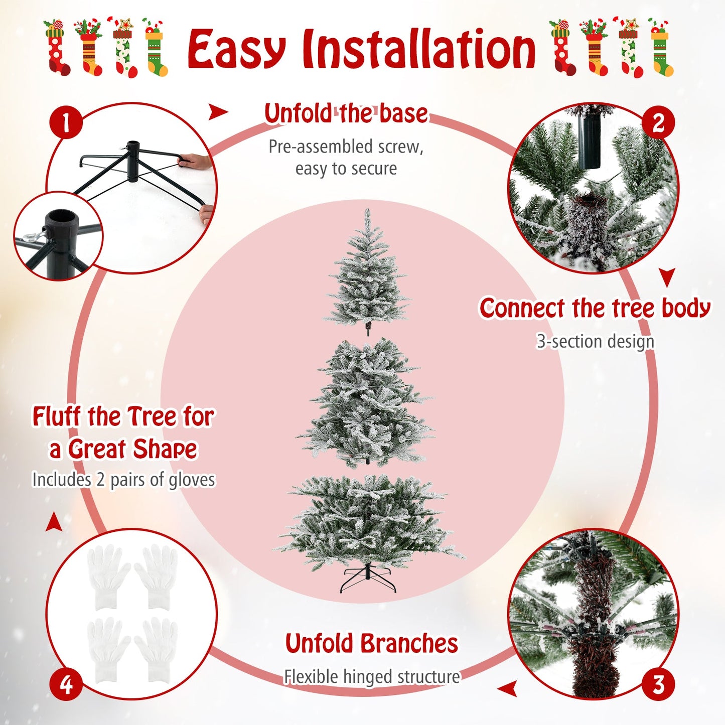 Árbol de Navidad artificial de 8 pies con nieve flocada y luces LED blancas frías