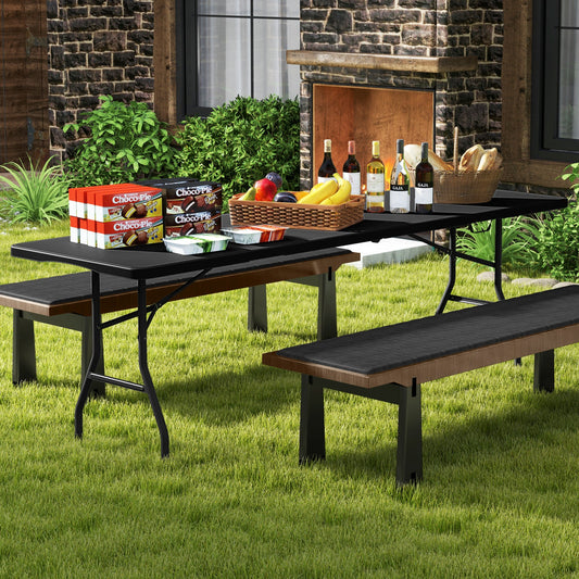 8 ft GemGear portable folding table with HDPE top in black, loaded with snacks on Tampa Home & Garden Store