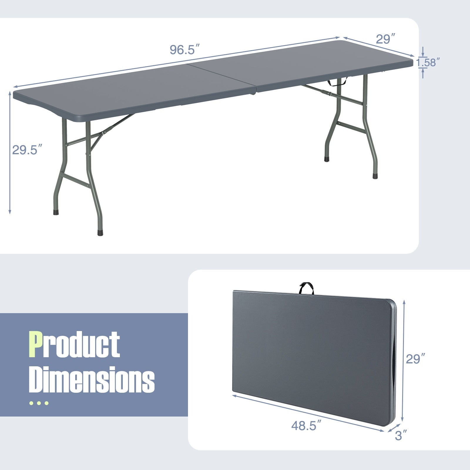 GemGear 8 ft portable folding table, gray HDPE tabletop fold-in-half on Tampa Home & Garden Store