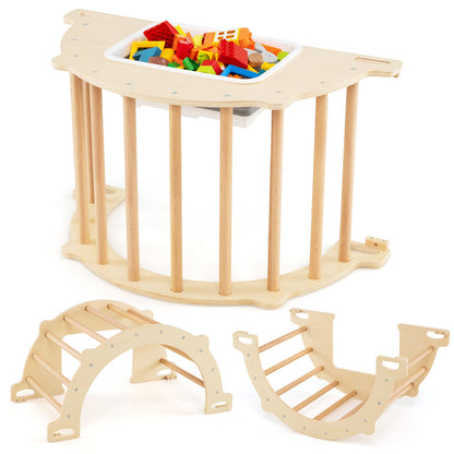 8 in 1 Climbing Arch Sensory Table with Collapsible Storage Bin for Kids-Natural