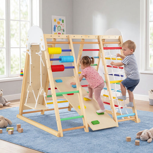 8-in-1 Foldable Indoor Jungle Gym with Swing and Monkey Bars in wood, colorful rungs on Tampa Home & Garden Store