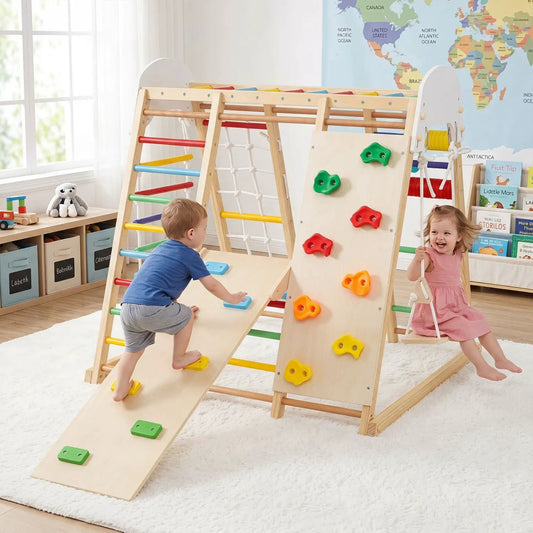 8-in-1 Foldable Indoor Jungle Gym with swing and monkey bars, natural wood, DirectDeals on Tampa Home & Garden Store