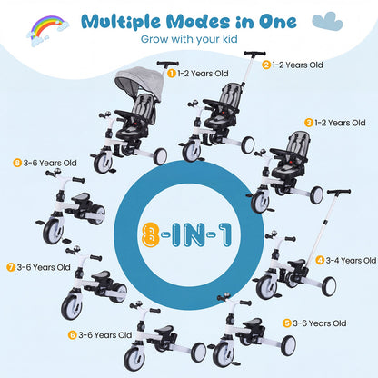 8-in-1 Folding Kids Tricycle with Removable Canopy and Push Handle