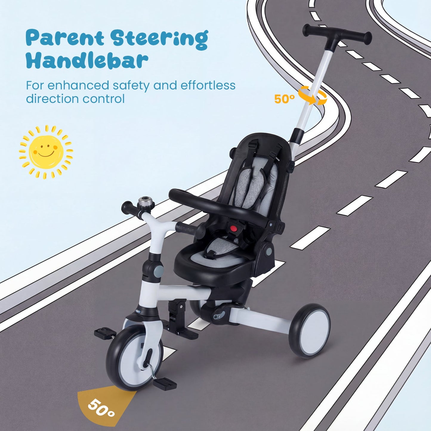 8-in-1 Folding Kids Tricycle with Removable Canopy and Push Handle