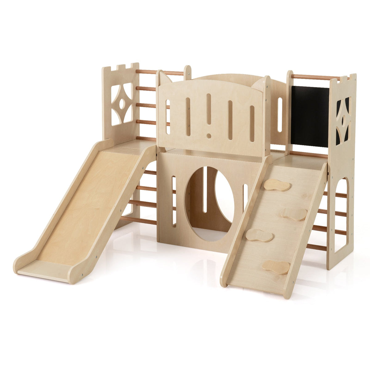 8-in-1 wooden toddler playground with slides, climber and chalkboard natural finish on Tampa Home & Garden Store