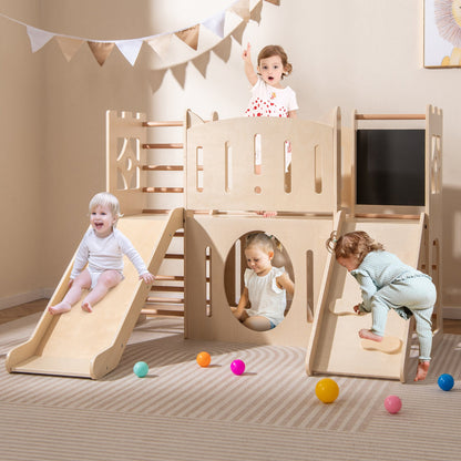 8-in-1 Toddler Slide Wooden Indoor Playground in natural wood with climber and chalkboard DirectDeals on Tampa Home & Garden Store