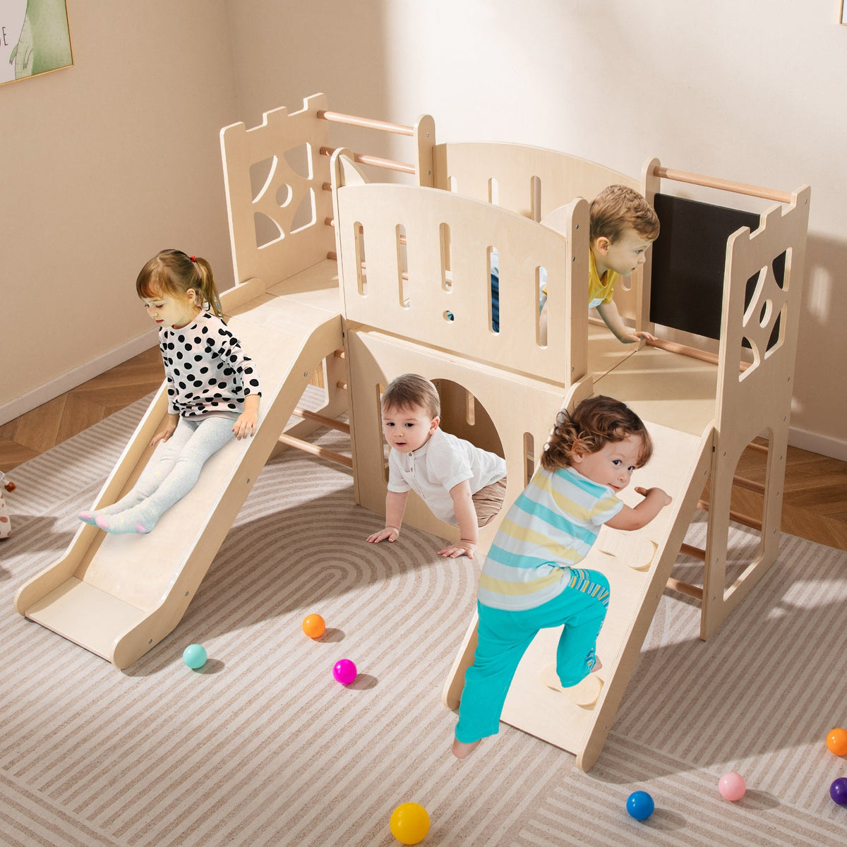8-in-1 Toddler Indoor Playground by DirectDeals natural wood with slides, climber and chalkboard on Tampa Home & Garden Store