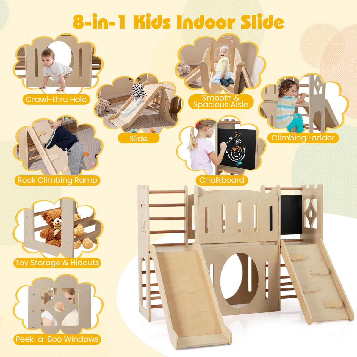 8-in-1 Toddler Wooden Indoor Playground DirectDeals Natural with slide, climber, chalkboard on Tampa Home & Garden Store