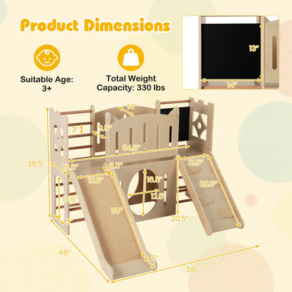8-in-1 Toddler Slide Wooden Indoor Playground with Climber and Chalkboard in natural finish on Tampa Home & Garden Store