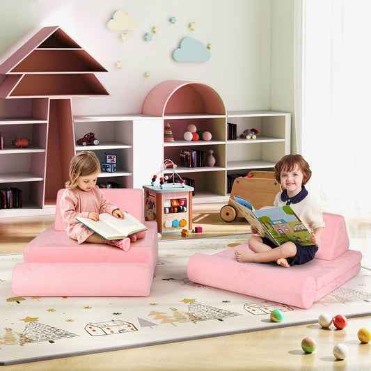 8 Pieces Kids Play Couch Foam Building Fort Play Set with Suede Cover-Pink - Tampa Home & Garden Store