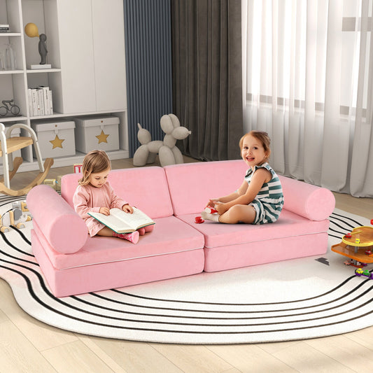 8 Pieces Kids Play Couch Foam Building Fort Play Set with Suede Cover-Pink - Tampa Home & Garden Store