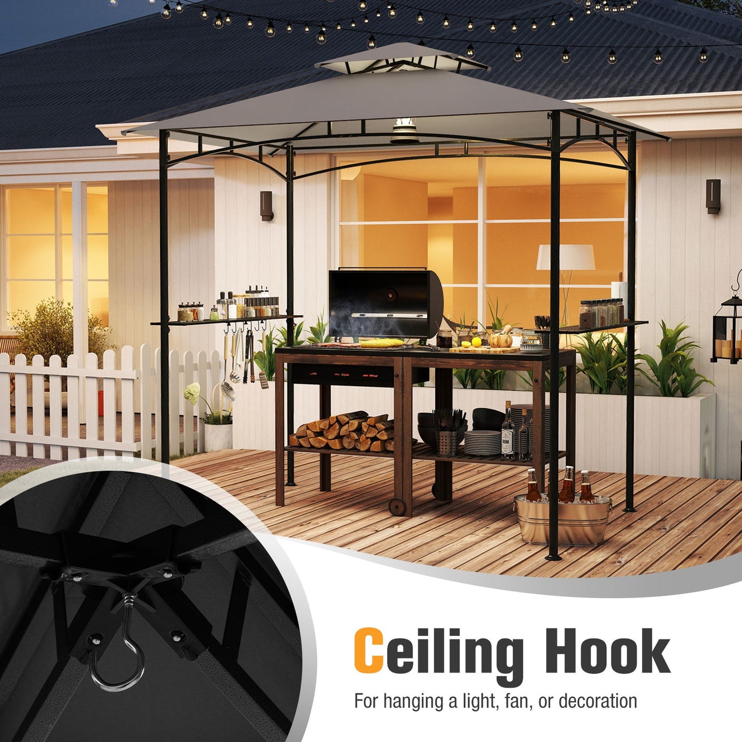 8 x 5 Feet Grill Gazebo with 2 Shelves 6 Hooks and Metal Frame-Gray