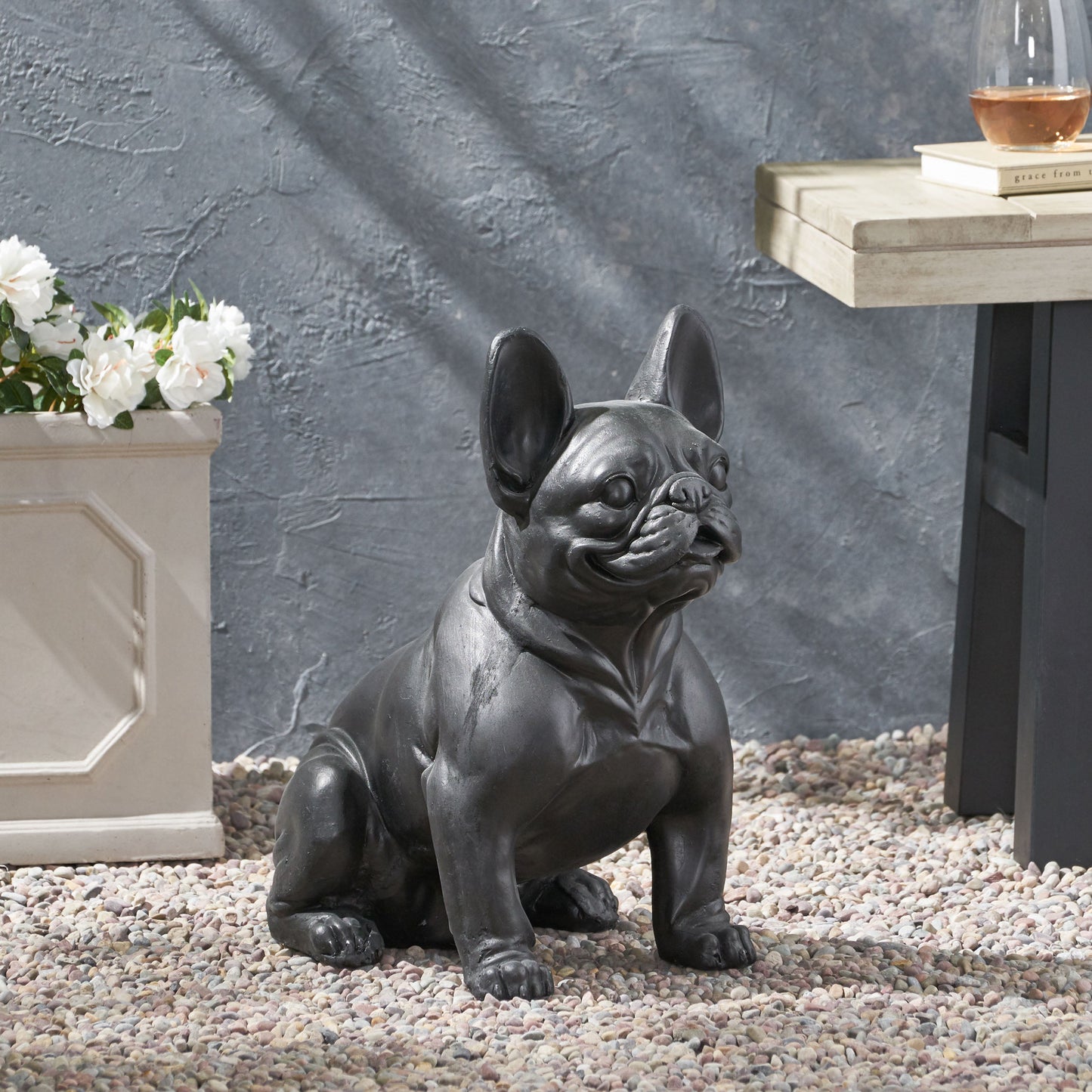 Outdoor French Bulldog garden sculpture in black finish by HouseOfZazla for outdoor decor on Tampa Home & Garden Store