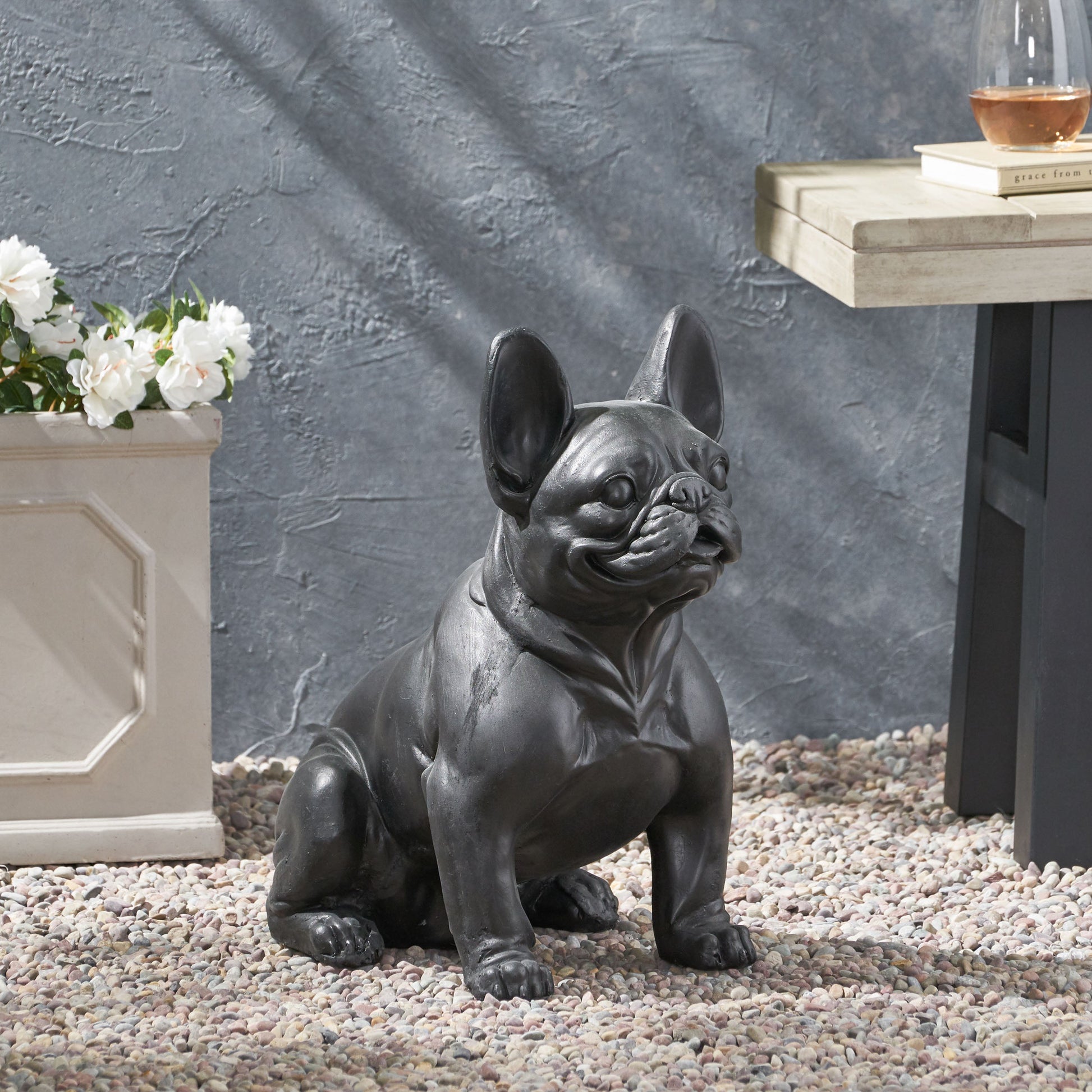 Outdoor French Bulldog garden sculpture in black finish by HouseOfZazla for outdoor decor on Tampa Home & Garden Store
