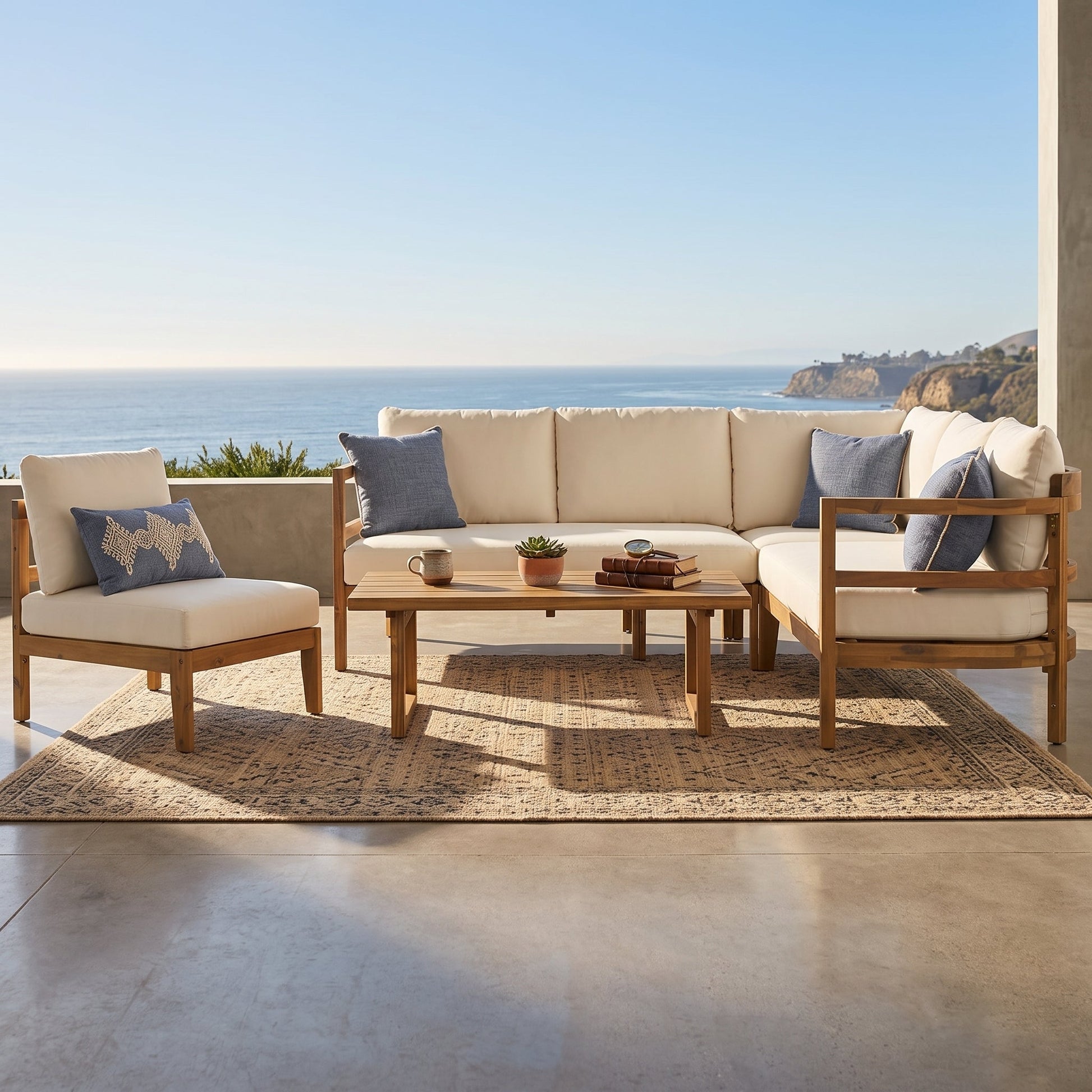 HouseOfZazla Outdoor Acacia Wood 5-Seater Sectional Sofa Set with beige cushions on Tampa Home & Garden Store